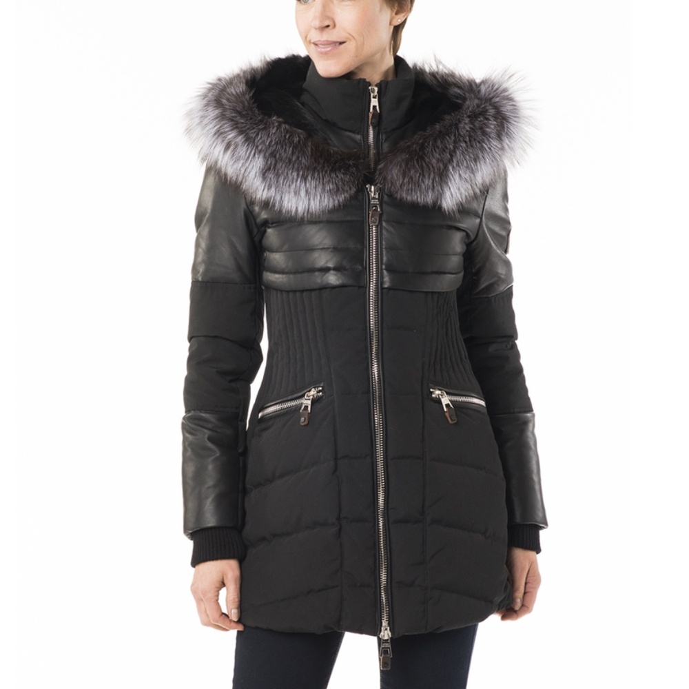 #2642 SERIES BY N. BENISTI Meribel Black Fox Fur Trim & Leather Down Coat Small